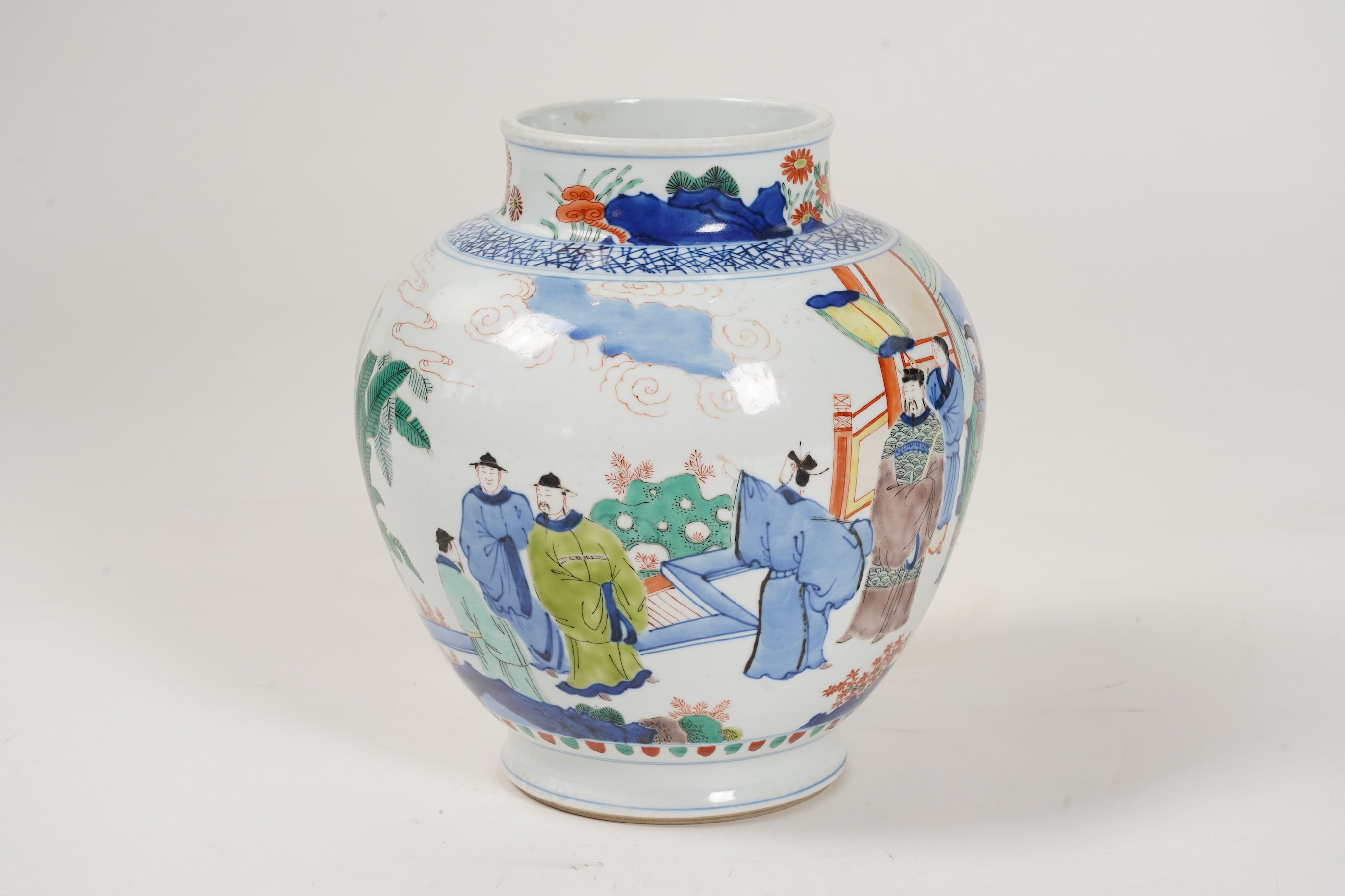 A Chinese wucai ‘figures’ jar, Transitional style